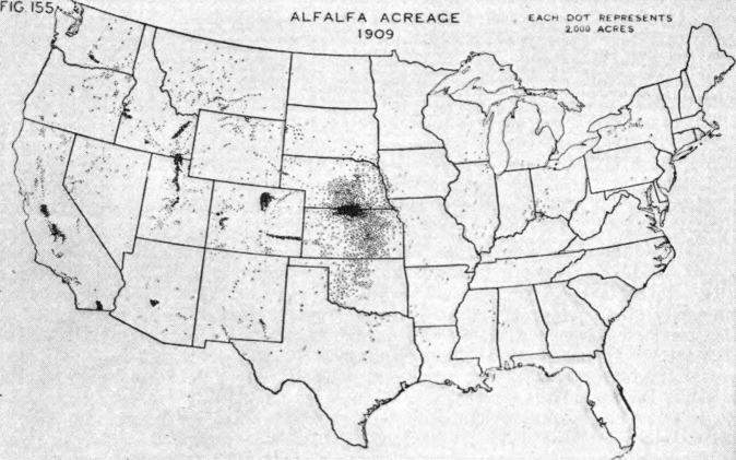 Fig. 14. — Acreage of alfalfa in the United States. Ninety-four per cent, of the crop is grown west of the Missouri River, and nearly one-half of it under irrigation. — (After Baker, Geog. World’s Agr.)