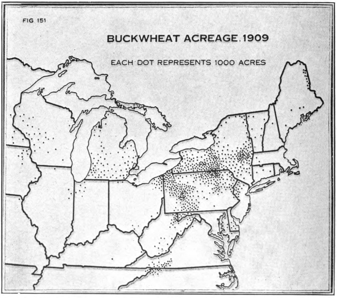 Fig. 33. — Acreage of buckwheat in the United States; production centers chiefly in New York and Pennsylvania - (After Baker.)