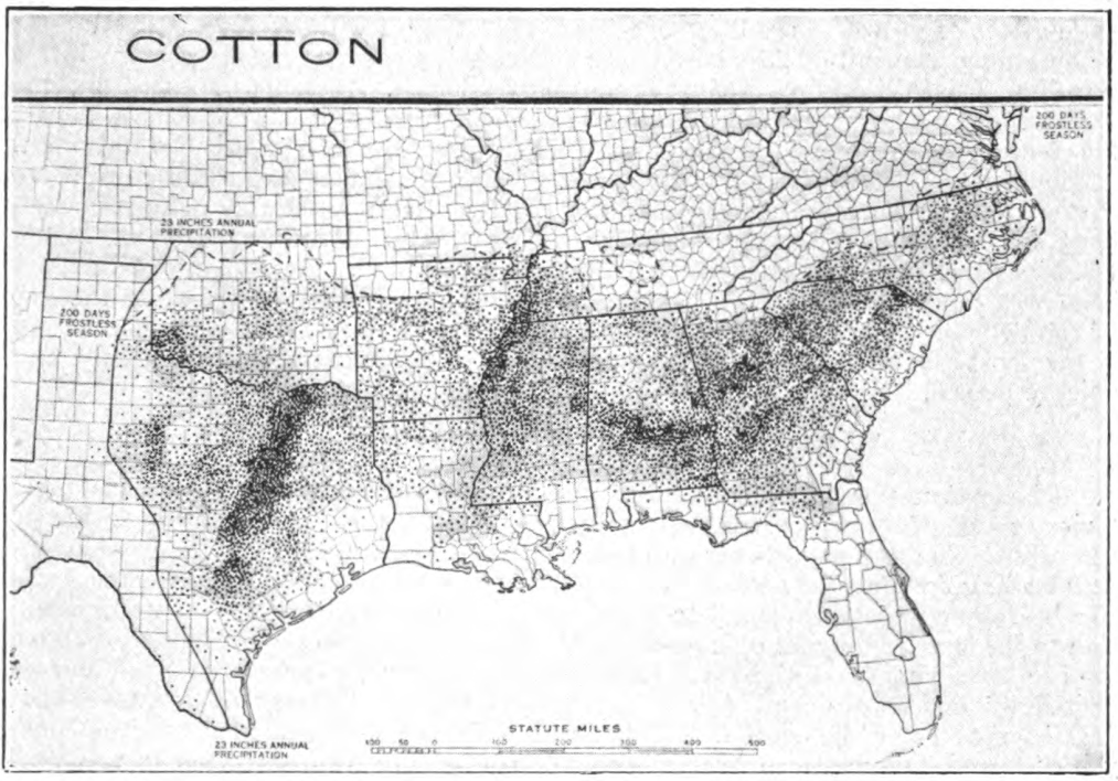 Fig. 51. — Acreage of cotton in the United States. In 1919 there were 33,960,000 acres. (After Raker. Geog. World’s Agr.)